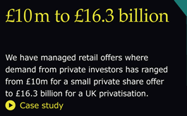 We have managed retail offers where demand from private investors has ranged from 10m for a small private share offer to 16.3 billion for a UK privatisation